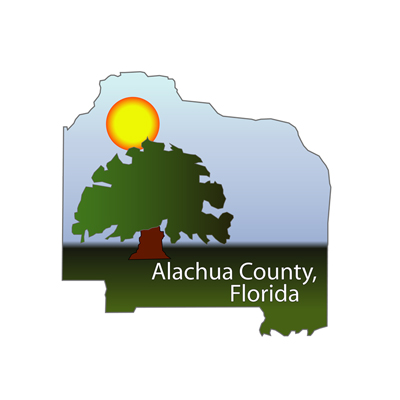 Image displays Alachua County with a tree and a sun inside with text that reads Alachua County Florida