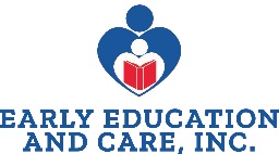 A blue silhouette of a person, their torso shaped to resemble a heart. A smaller, white silhouette sits in front of them with a red book. Below the logo reads "Early Education And Care, Inc." in large, blue text.