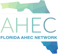 Area Health Education Center logo a florida map with AHEC superimposed in green and blue