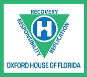 Logo for Oxford House of Florida. The words Recovery, Responsibility, and Replication around an inverted triangle with the letter H in the center.